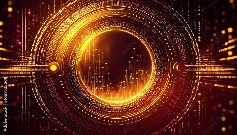 Poster golden tech portal: an abstract image of a glowing, futuristic portal, featuring intricate golden ci