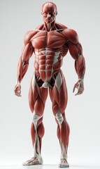 Muscular system of human male, isolated on white, showing every muscle layer, medical illustration style, accurate proportions