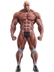 Muscular system of human male, isolated on white, showing every muscle layer, medical illustration style, accurate proportions