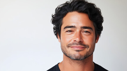 Obraz premium Close-up portrait of a middle-aged man with a confident expression, gray beard, and casual hairstyle, smiling gently against a neutral background. 