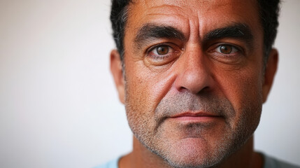 Fototapeta premium Close-up portrait of a middle-aged man with a confident expression, gray beard, and casual hairstyle, smiling gently against a neutral background. 