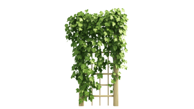 Wooden trellis with lush green ivy vines. Perfect for garden or home decor inspiration and outdoor design ideas.