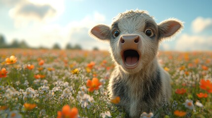 Obraz premium 3D Rendering of a Cute Cow with an Open Mouth on a Pastoral Backdrop