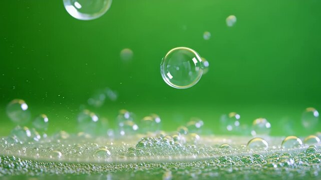 Graceful soap bubbles float on a bubbly surface against a vibrant green background, reflecting light in a playful manner. Perfect for themes like hygiene and bath time