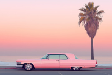 Pink Car on Malibu Beach at Sunset with Palm Trees and Pastel Sky