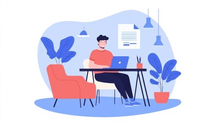 Professional workspace at home, with a minimalist desk, laptop, and chair, flat vector design