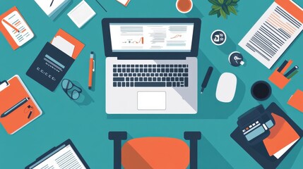 Fototapeta premium Remote work business office, showing a home-based workspace with a laptop, chair, and office supplies
