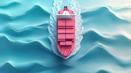 Naklejka premium Top view cargo ship navigation in pastel 3D render, Import-export logistics, flat design for modern shipping concepts, The cargo ship is running with beautiful waves
