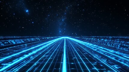Futuristic Road Under a Starry Sky with Glowing Blue Lines. AI generated illustration