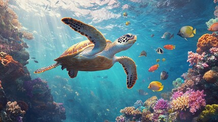 Colorful sea turtle gliding through a vibrant underwater scene filled with fish and coral reefs. AI generated illustration