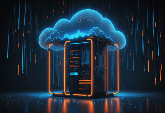Cloud computing technology theme art with blue and orange neon light with severs in rack 