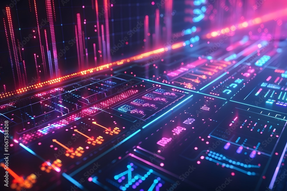 Poster futuristic data visualization with neon lights and graphs