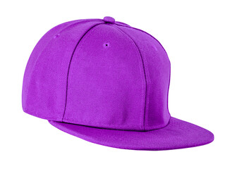 Purple snapback hat isolated on white background. Modern cap for urban streetwear and fashion styling.