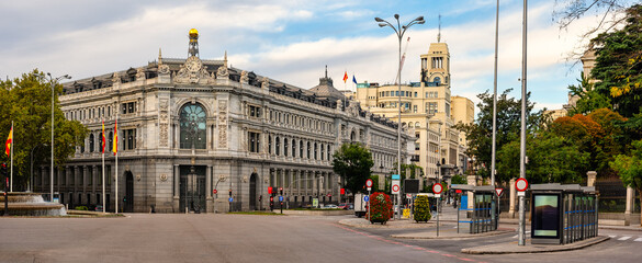 Panoramic view of the building that houses the Central Bank of Spain in Madrid.