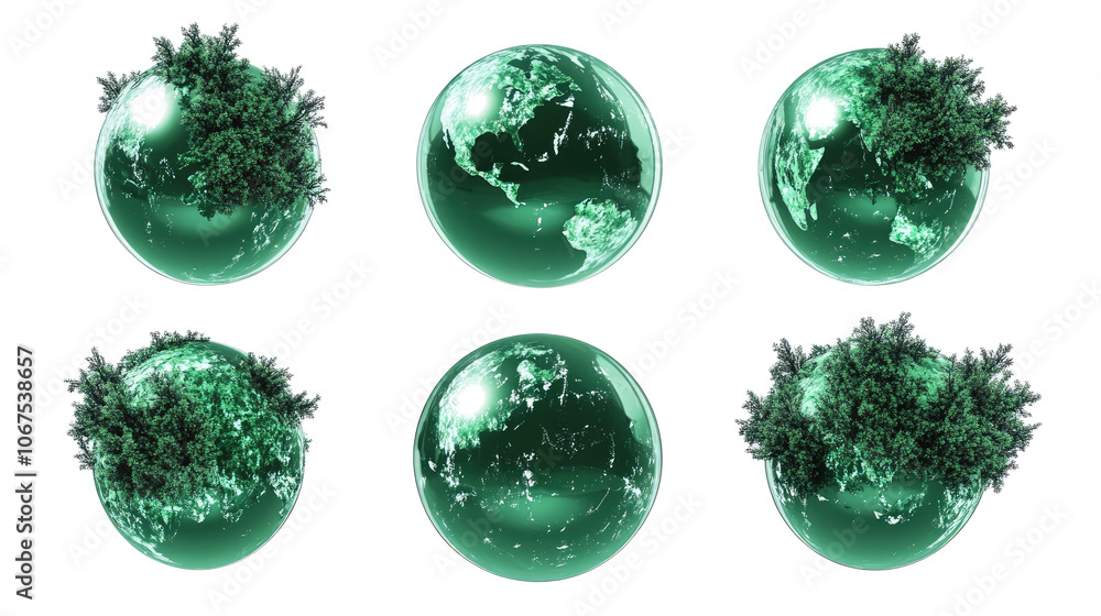 Poster green planet earths with trees on transparent background generative ai