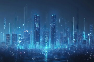 Futuristic city skyline illuminated at night, showcasing sound waves and data visualizations in a blue color theme. AI generated illustration