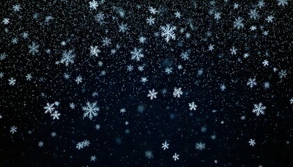 Close-up capture of falling white snowflakes set against a black background, showcasing night bokeh effects and gentle blurs, delivering a captivating overlay of particles in an ethereal wintery ambia