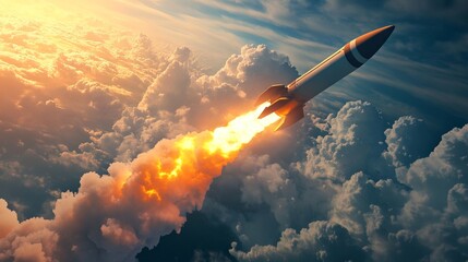3D illustration of a rocket launching into the sky, symbolizing space exploration and military technology. AI generated illustration