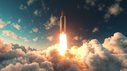 3D illustration of a rocket launching into the sky, symbolizing space exploration and military technology. AI generated illustration