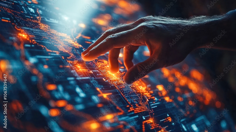 Poster hand pointing at a digital interface with glowing nodes, signifying interactive technology and data 