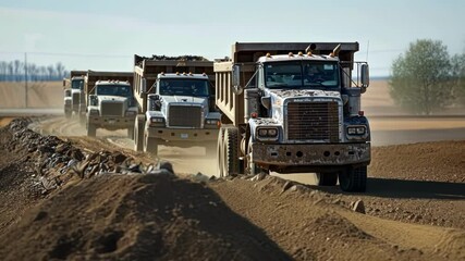 A line of dump trucks unloading gravel onto a freshly leveled plot of land.