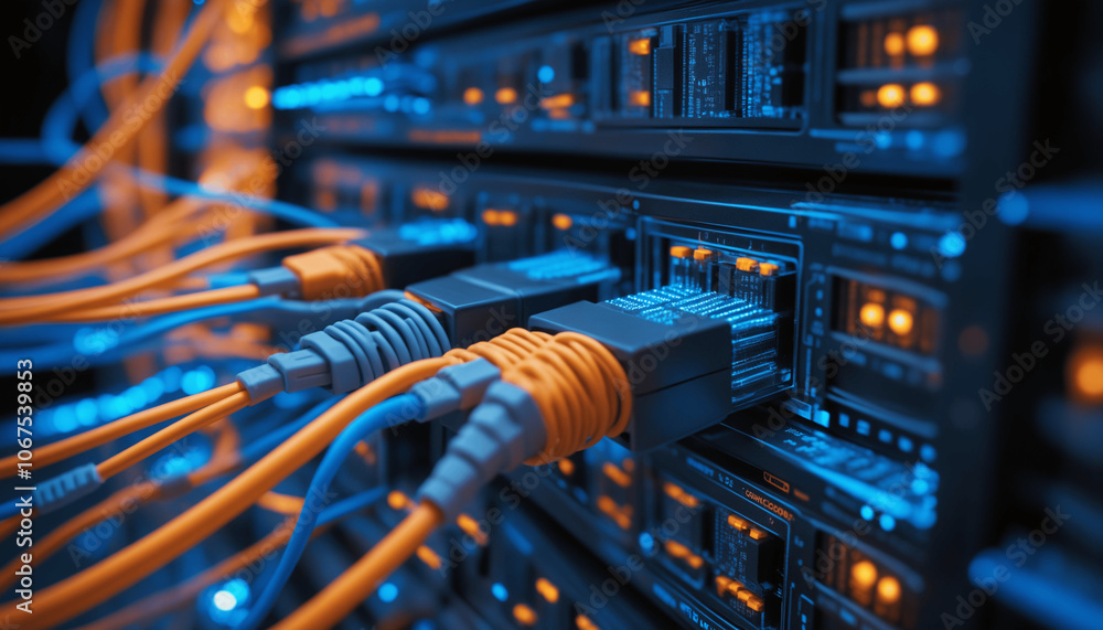 Aufkleber secure internet technology network: lan cable infrastructure in a modern server room for reliable da