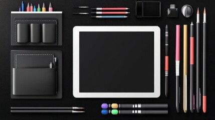 Dark modern workplace with tablet and office supplies on black leather background