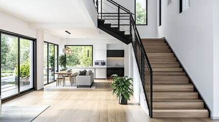 Modern open-concept home interior with staircase and large windows. AI generated illustration