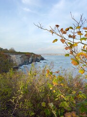 View of rocky cliffs, foliage and ocean along the Cliff Walk in Newport, Rhode Island