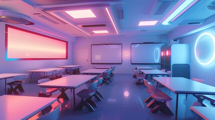Neon lit empty classroom with desks and screens