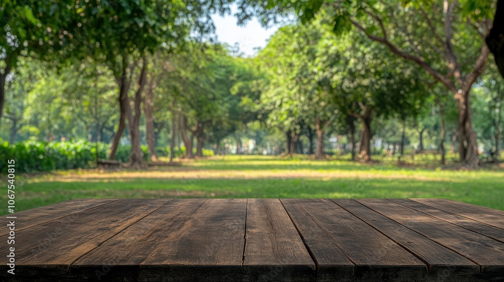 Poster empty wood table top and blurred green tree in the park garden background - can used for display or 