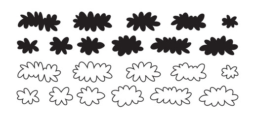 Cartoon cloud icon set, fluffy shape. Flat vector hand drawn doodle clouds isolated on white background.