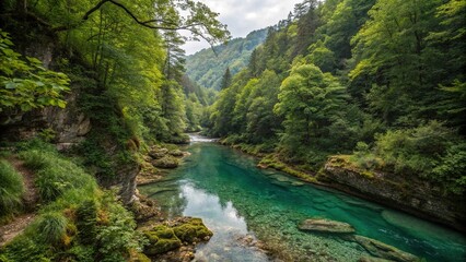 Dense foliage surrounds a crystal-clear river in a secluded valley within the mountain forest, wilderness, natural beauty, forest ecosystem, serene water