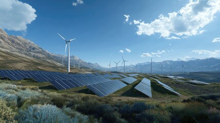 Hybrid wind-solar farm in a mountainous area, panels and turbines in harmony, showcasing multi-source renewable solutions