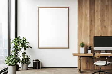 Vertical blank poster mockup in a sleek office setting. AI generated illustration