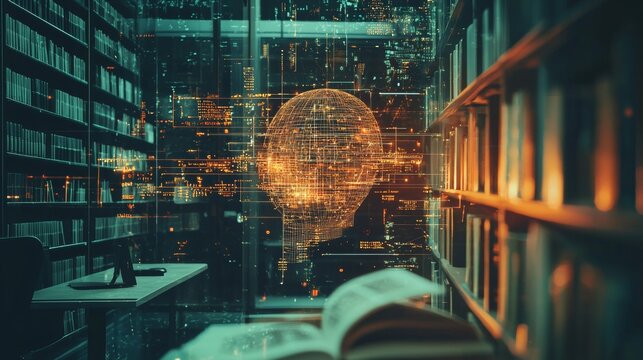 Digital brain concept in futuristic library with data overlay - Powered by Adobe