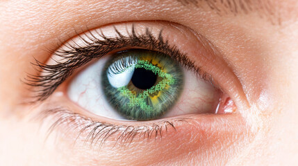 Obraz premium Close up of woman eye with genetic code reflections, showcasing detail