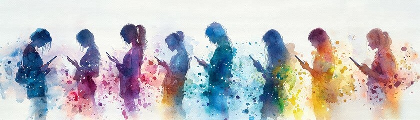 the Joy of Connection A Colorful Watercolor Scene Illustrating Friends Engaged in Digital Conversations