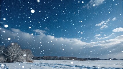 Naklejka premium Snowflakes fall from the sky like tiny balls of white cotton in a dark blue sky with only a few stray clouds, frosty, falling
