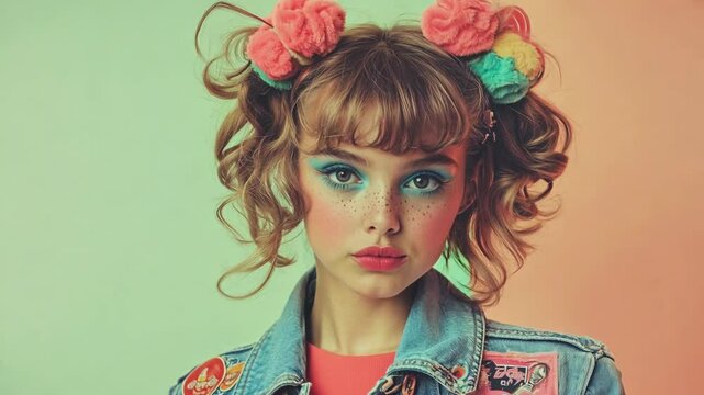 Young girl with colorful hair accessories and vibrant makeup, wearing a denim jacket with patches, embodying playful 80s-inspired style and cheerful energy in slow motion