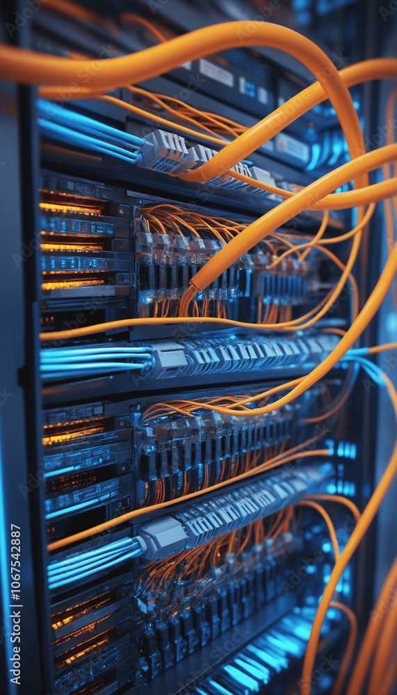 Aufkleber secure internet technology network: lan cable infrastructure in a modern server room for reliable da