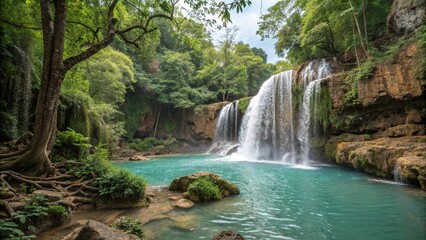Fototapeta premium Waterfall in deep tropical jungle with crystal clear water cascading down rocky cliffs and lush greenery, summer, lush, jungle, southeast asia