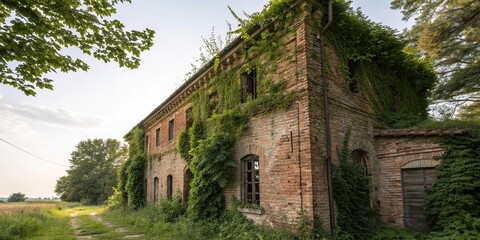 Fototapeta premium Weathered brick building with overgrown vegetation, old buildings, crumbling walls, ivy wrapped, rusty gates