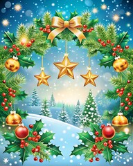 "Wide, clear white space in the center for a holiday greeting, framed by golden stars, holly leaves, and subtle Christmas lights along the edges"