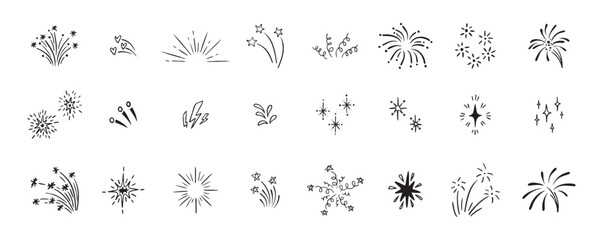 Set of cute fireworks line doodle elements. Lightning, explosion, sunburst, fireworks, bling, motion effects Party, birthday, anniversary and Christmas.