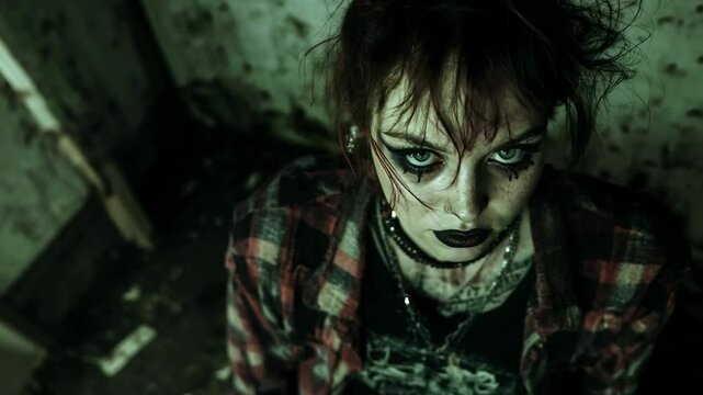 Edgy woman with intense makeup and messy hair in grunge outfit, sitting in a dark, abandoned space, exuding raw energy and alternative 90s vibe in slow motion