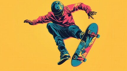 Skateboarding trick vector, depicting a skateboarder performing a jump, mid-air, flat design