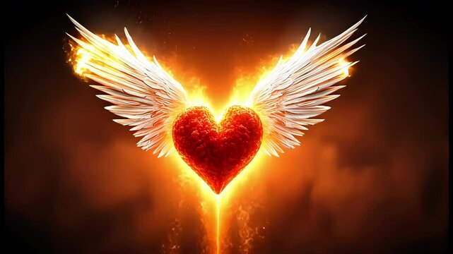 A powerful heart engulfed in flames, with striking white wings and a radiant aura, set in a dark, gothic environment. Perfect for themes of passion, mystique, and fantasy.