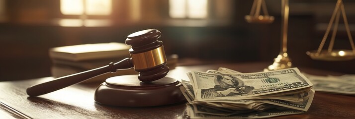 Close-up of a gavel and cash on a table, symbolizing the intersection of justice and business. AI generated illustration