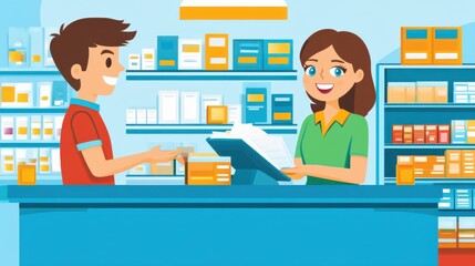 Small business concept vector, featuring a shopkeeper serving customers at a counter, bright illustration